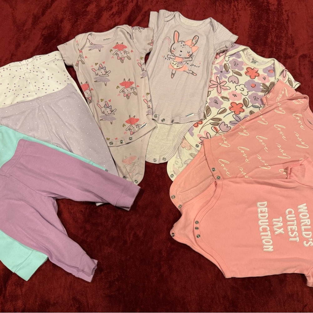 Adorable Kids onesies and pant bundle - Pink, Purple, and Cream